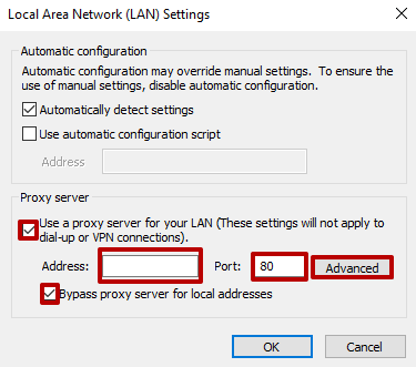 Marque 'Usar un servidor proxy para su LAN' e ingrese los detalles del proxy. Haga clic en 'Avanzado'
