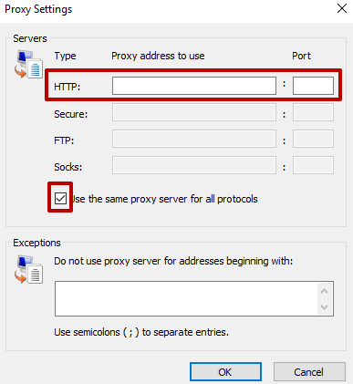 Si los datos no se ingresan automáticamente, ingréselo nuevamente y marque 'Usar el mismo servidor proxy para todos los protocolos'