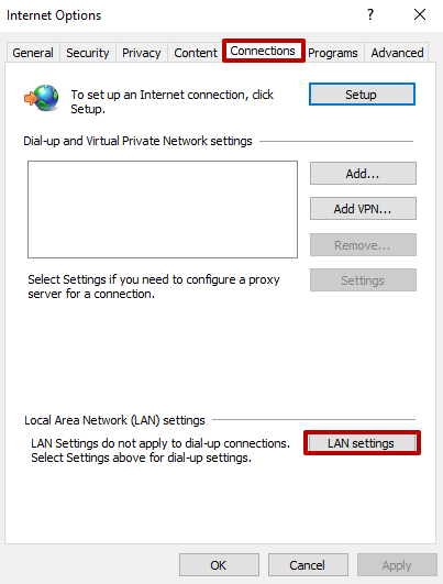 Haga clic en la pestaña 'Conexiones', luego haga clic en 'Configuración de LAN'