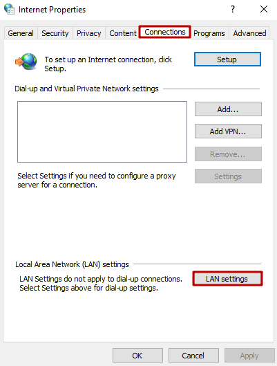 Seleccione la pestaña 'Conexiones' y haga clic en el botón 'Configuración de LAN'