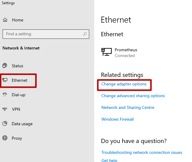 En el menú 'Ethernet', haga clic en 'Cambiar configuración del adaptador'