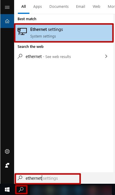 Abra el campo de búsqueda e ingrese 'Configuración de Ethernet'
