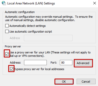Desmarque 'Usar un servidor proxy para su LAN' y 'Omitir servidor proxy para direcciones locales'. Haga clic en 'Aceptar'